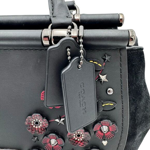 Coach Tea Rose Drifter Turnlock Satchel Floral Appliqué Black Leather 59522 - Picture 3 of 15